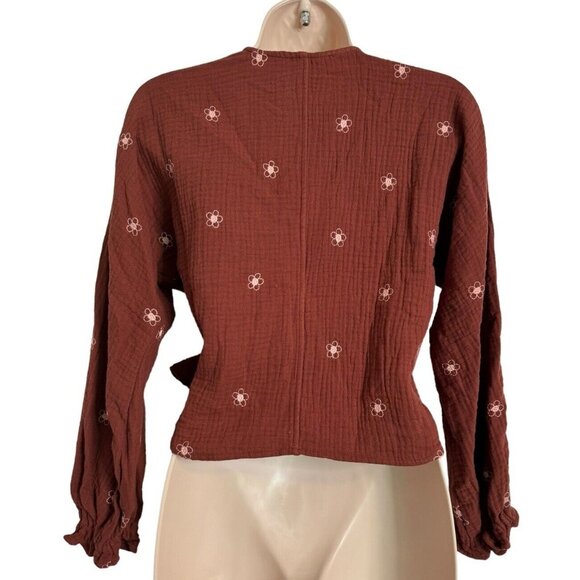 Madewell Wrap Gauze Cotton Side Tie Blouse Embroidered Pink Flowers Size XS - Picture 5 of 10